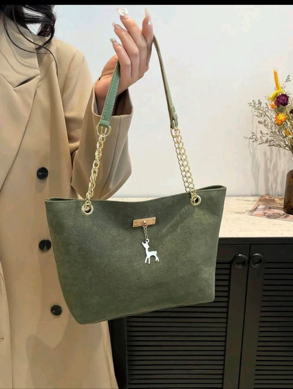 Fashionable Plaid Chain Embroidery Versatile Dual Handle Tote Shoulder Bag For